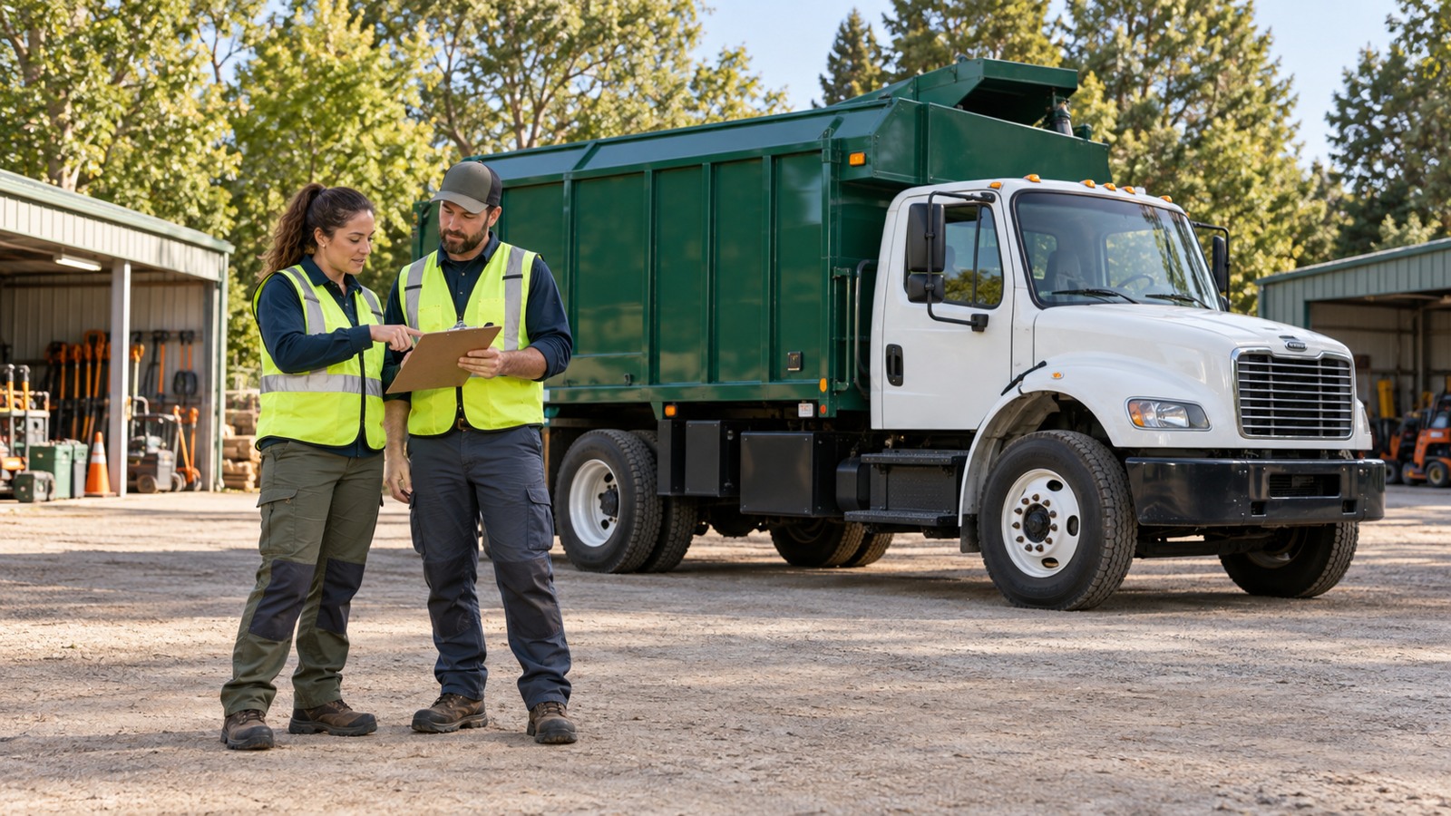 Two tree-care employees review a clipboard beside a parked chip truck in a company yard.